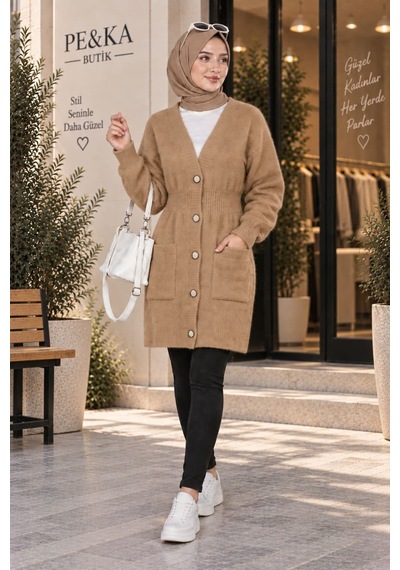 Aymiraa Kadın Angora Kumaş Beli Lastikli Uzun Tesettür Hırka Camel Camel