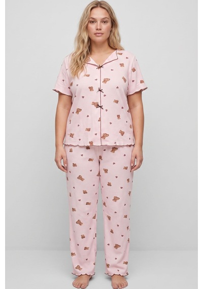 Siyah İnci Beden Fitilli Kaşkorse Örme Pijama Takım26120851 Pembe Ayıcık