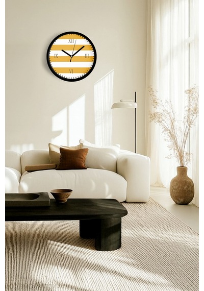 Yatay Çizgili Modern Duvar Saati - 30cm - Önü Camlı Siyah Kasa - Sessiz Mekanizma-jh0887 Siyah