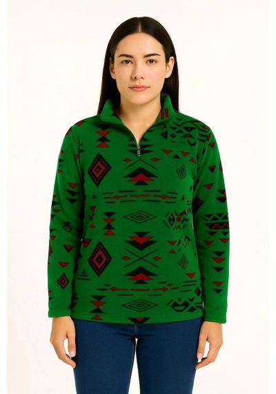 Freedom Store Kadın Yarım Fermuarlı Desenli Polar Sweat Tribal Etnik Desen Yakalı Uzun Kollu - Yeşil