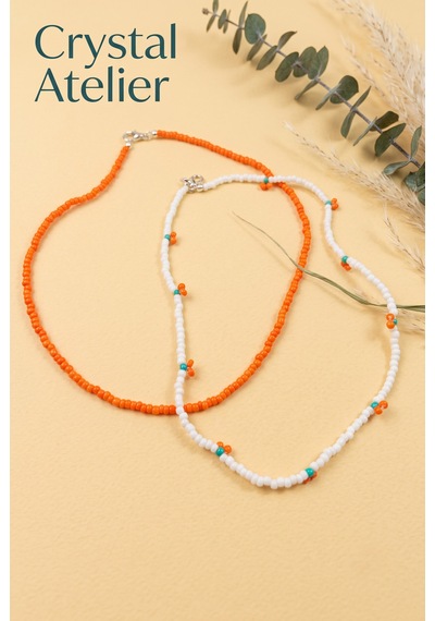 Crystal Atelier 2'li Turuncu Kiraz Boncuk Kolye Seti El Yapımı Kum Boncuk Beyaz Turuncu İkili Choker Kombini Meyve Temalı Hediyelik Kolye Turuncu - Beyaz