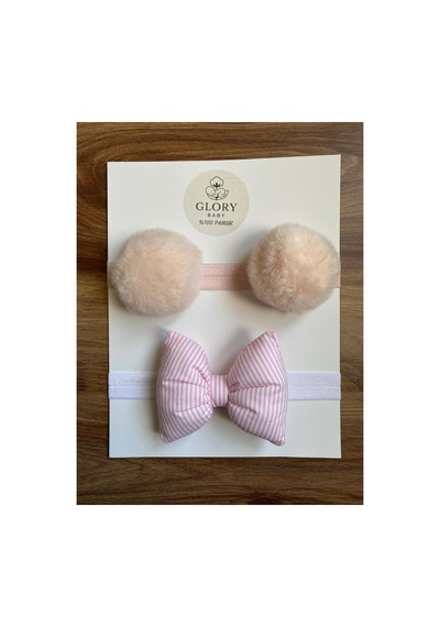 Kız Bebek Fiyonklu & Ponponlu Bandana - Saç Bandı 2'li Set Pembe - Pembe Çizgili Pembe - Pembe Çizgili