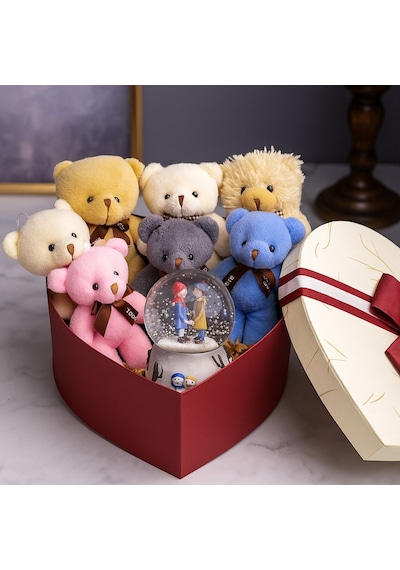 Sevgiliye En Tatlı Hediye Seti Peluş Ayıcık Kalpli Kutuda 7 Mini Peluş Ayıcık Işıklı Kar Küresi Seti Çok Renkli