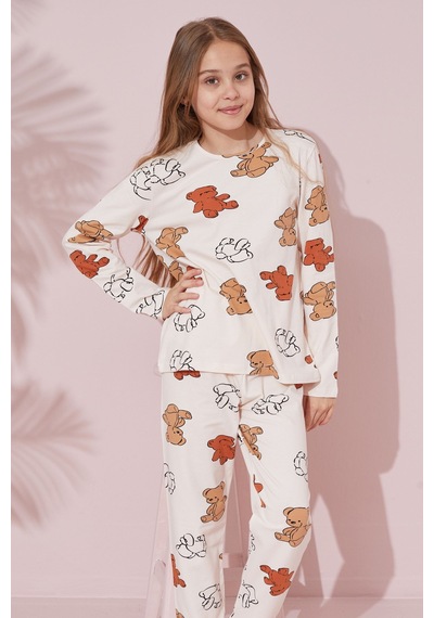 Siyah İnci Pamuklu Örme Pijama Takım 24241081 Ekru