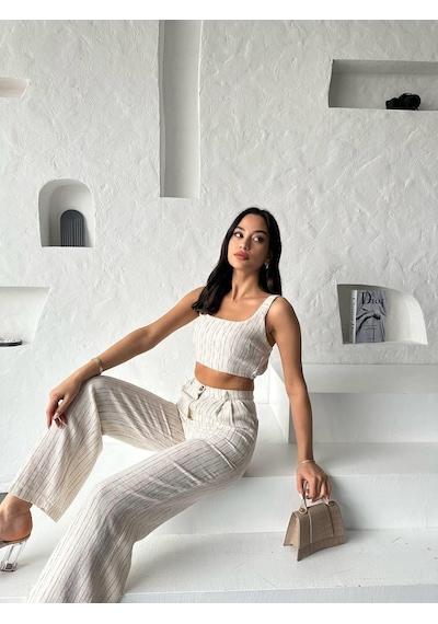 Eke Tekstil Camel Çizgili Crop Pantolon Keten Takım-camel Camel