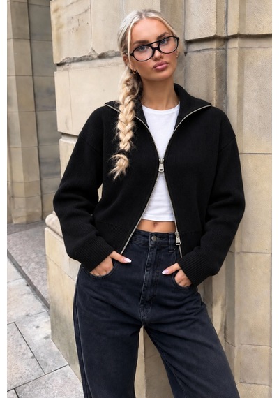 Cool Tarz Kadın Stardart Beden Çift Fermuarlı Dik Yaka Crop Triko Hırka Siyah Siyah