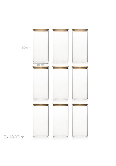 Porsima 2-3 Bambu Vakumlu Kapaklı Yuvarlak Borosilikat Cam 9lu Kavanoz Seti Saklama Kabı 1300ml 10x20cm Şeffaf