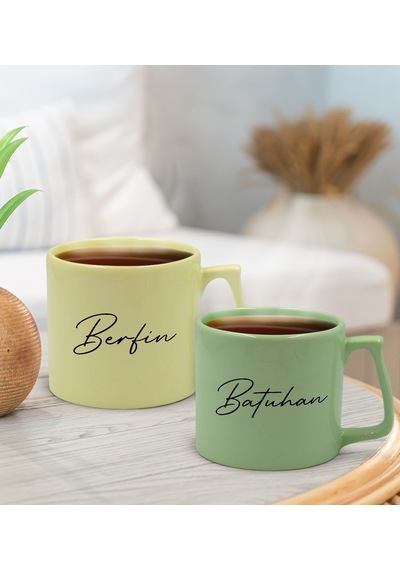 Bk Gift Kişiye Özel İsimli Pastel Sarı Ve Yeşil 2li Middle Kupa Bardak Seti-1, Sevgiliye Hediye, Ev Hediyesi, Arkadaşa Hediye Kobitmeyencom29883 Bk Gi