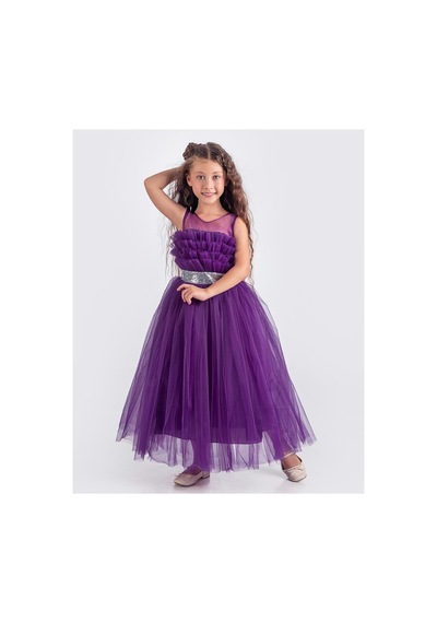 Mnk Baby & Kids Sapes Model Sırt Gipeli Tüllü Kız Çocuk Askılı Saten Abiye Mnk0618 Mor
