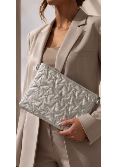 Yş Collectıon Gold Simli Yıldız Desenli Kadın El Çantası Zincir Askılı Portföy Clutch Çanta Gümüş