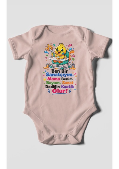 Morivokids Ben Bir Sanatçıyım Yazılı Kısa Kollu Bebek Body %100 Pamuk Pastel Pembe