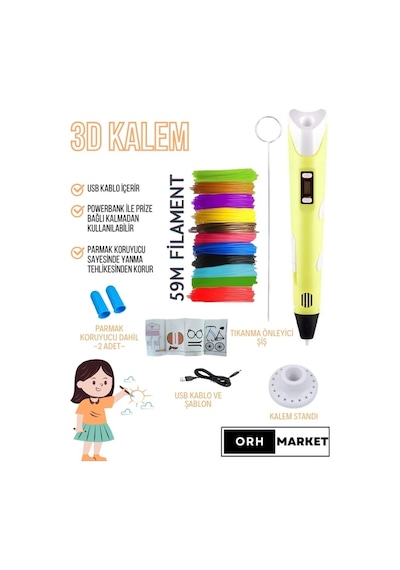 Sarı 3D Kalem 3D Pen Yazıcı Kalem – 10 Adet 5 Metrelik PLA Filament (Toplam 50M) + USB Kablo