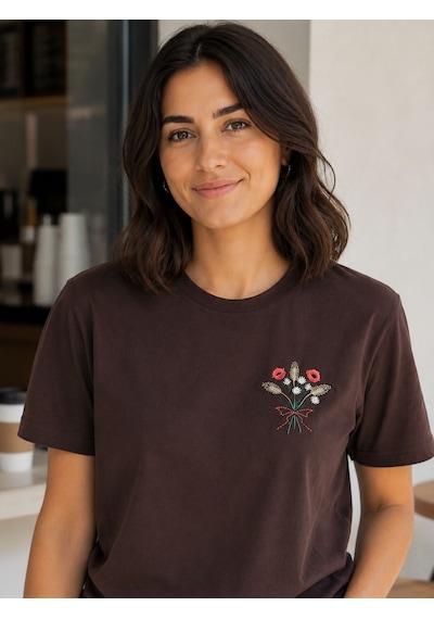 Yubistitch Tshirt Nakış İşlemeli Demet Çiçek- Penye-kahverengi