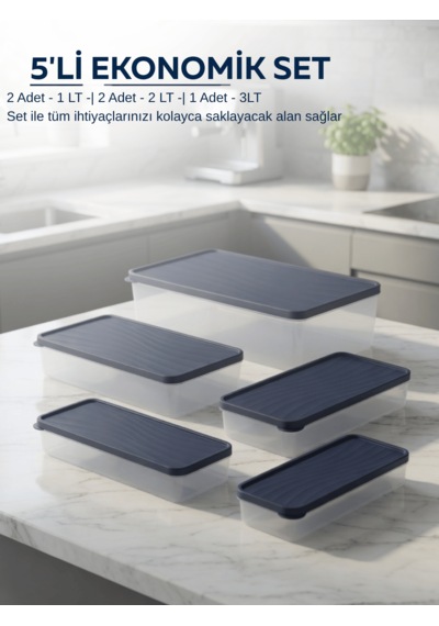 Beylini 5'li Dondurucu Saklama Kabı Buzdolabı Toplam 9l Buzluk Dolap İçi Düzenleyici Set Mikrodalga Derin Dondurucu Ve Difrize Uygun Mavi