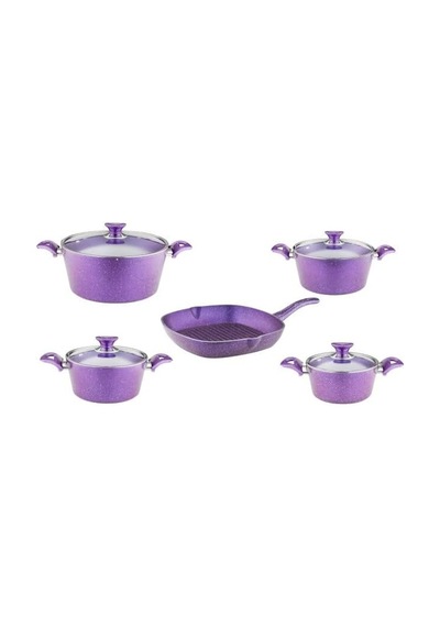 9 Parça Granit Set Cam Kapak - Violet Çok Renkli