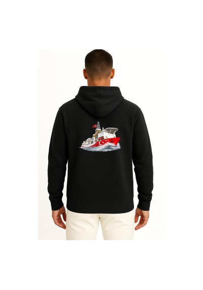 Bahriyeli Collection Kapüşonlu Yavuz Sondaj Gemisi Dalgalar Arası Göğüs Ve Sırt Baskılı Unisex Sweatshirt Siyah