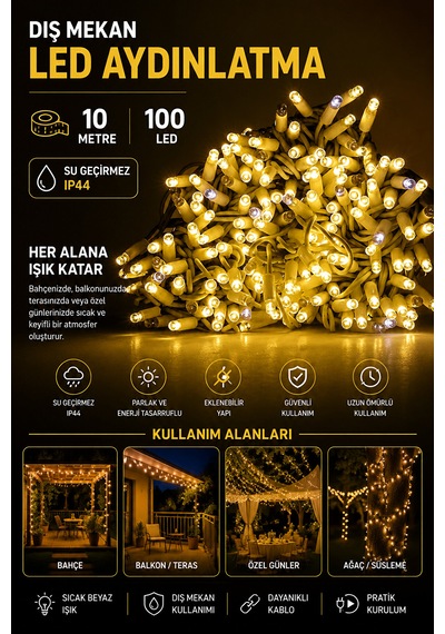 10 Metre 100 Led Dış Mekan Aydınlatma Su Geçirmez Sıcak Beyaz Dekoratif Led Işık