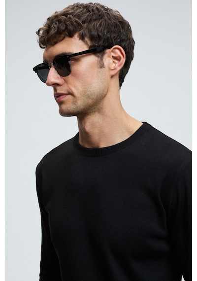 Grımelange Varex Erkek Yuvarlak Yaka Basic Slim Fit Triko Siyah Kazak Siyah