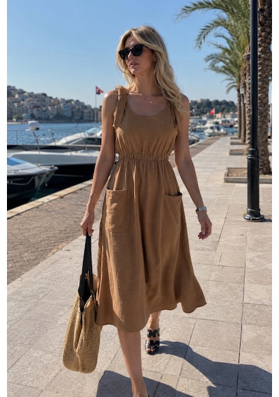 Armonika Kadın Camel Beli Ve Askıları Lastikli Cepli Keten Görünümlğ Midi Boy Elbise Arm-24y001034 Armonika Kadın Camel Beli Ve Askıları Lastikli Cepli Keten Görünümlğ Midi Boy Elbise Arm-24y001034