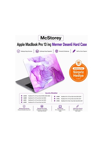 Macbook Pro 13 Mermer Desenli Kılıf A1706 A1708 A1989 A2159 A2251 A2289 A2338 M1 M2 Uyumlu Baskılı Kristal Sert Kılıf Koruyucu Kapak Açık Lila