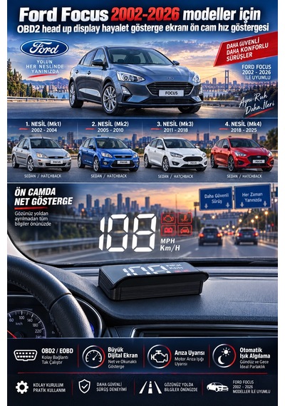 Ford Focus 2002-2026 Modeller İçin Obd2 Head Up Display Hayalet Gösterge Ekranı Ön Cam Hız Göstergesi