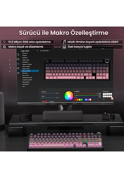 Aula F99 Pro 3 Modlu Rgb Hot Swap Mekanik Reaper Switch Kablosuz Makrolu Klavye Gradyan Pembe
