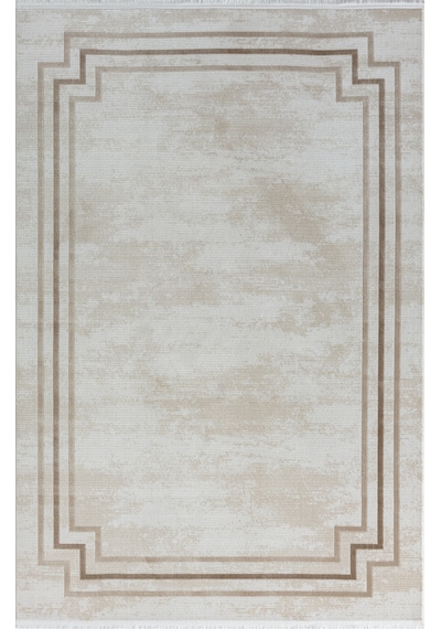 Merit Mr004a Krem Halı Kahverengi Kenar Çerçeveli Ince Yumuşak Akrilik Tozuaz Modern Salon Halısı-133 Krem