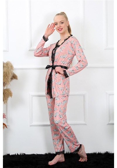 İbrahim Burak Etiler Collection Moda Çizgi Kadın 3'lü Somon Sabahlık Pijama Takım 16103
