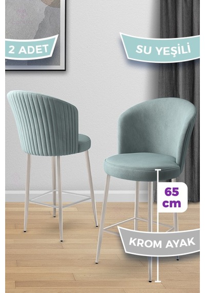 Canisa Alte Serisi 2 Adet Babyface Kumaş 65 Cm Krom Kaplama Ayaklı Su Yeşili Bar Sandalyesi Su Yeşili Sandalye Krom Kaplama Ayak