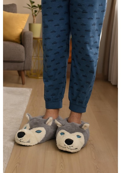 Kurt Figürlü Peluş Panduf Ev Pandufu Unisex Panduf Gri