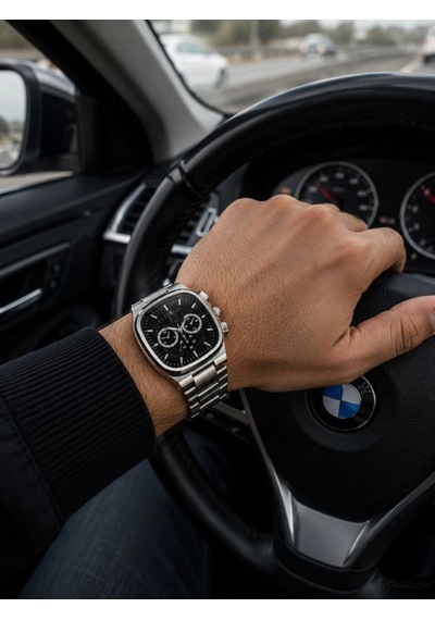 Erkek Gümüş Renk Metal Kordon Analog Kol Saati Siyah Kadran Takvim Göstergeli - Gümüş Çok Renkli 96587900