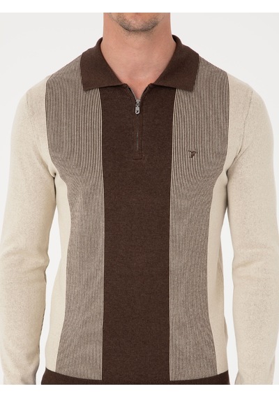Cacharel Kahverengi Slim Fit Pamuk Karışımlı Fermuarlı Polo Yaka Triko Kazak