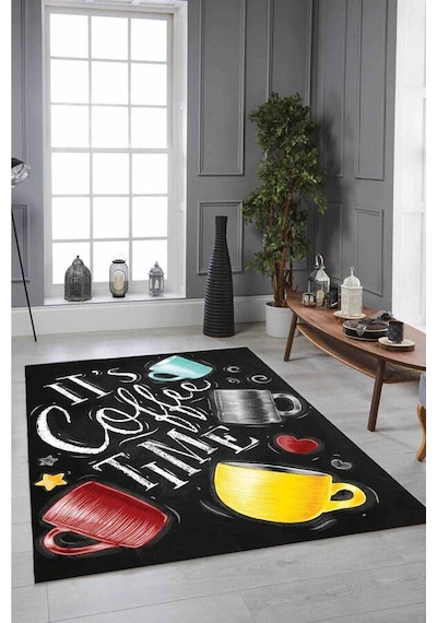 Sarı Kaymaz Tabanlı Coffee Temalı Yıkanır Mutfak Halısı Mt42n11