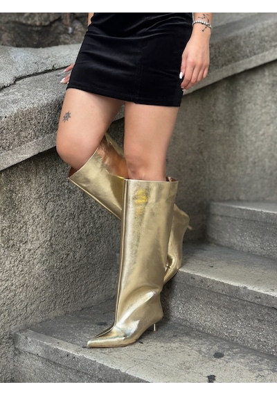 Erva'nın Butiği Gold Cilt Veray Xl Oversize Kalın Baldır 5 Cm Mini Topuk Çizme-6398