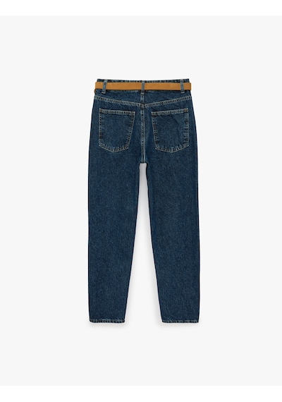 Koton Kemerli Yüksek Bel Dar Kalıp Düz Paça Pamuklu Denim Pantolon - Mom Slim Jean Koyu İndigo 7wal40095md