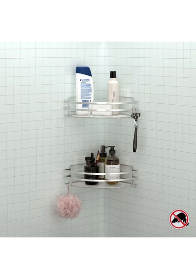 Teknotel Yapışkanlı Kancalı 2 Adet Banyo Köşe Rafı Silver St207H Gümüş