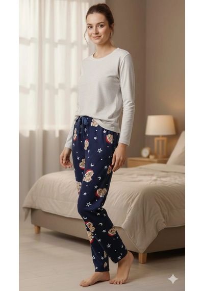 Erdenay Tekstil İpeksi Dokulu Süet Pijama Altı Şapkalı Ayıcıklı Lacivert- Şapkalı Ayıcıklı