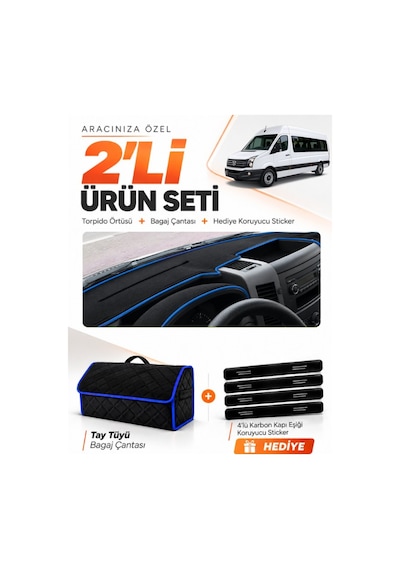 E-biz Volkswagen Crafter 2006-2014 Uyumlu Torpido Örtüsü + Tay Tüyü Çanta - Siyah-mavi - Mb020