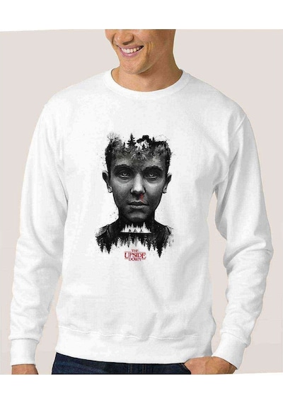 Stranger Things The Upside Down Baskılı Beyaz Erkek Örme Sweat (530943133)