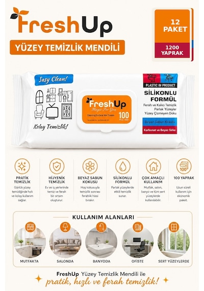 Freshup Yüzey Temizlik Mendili 12 Adet 100'lü 1200 Yaprak Beyaz
