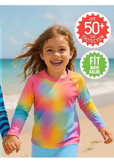 Denokids Uv Korumalı Batik Kız Çocuk Mayo T-shirt Renkli