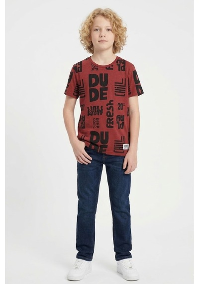 Erkek Çocuk Yazı Görselli - Geniş Kesim T-shirt 8-12 Yaş 12557 Kiremit