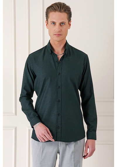 Efor Slim Fit Düğmeli Yaka Dokulu %100 Pamuk Klasik Siyah Gömlek Gk 724 Siyah
