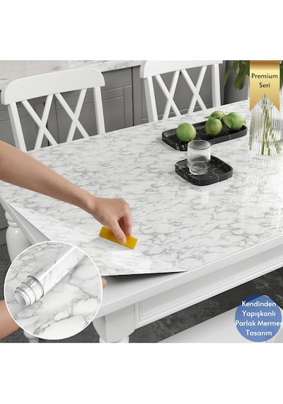 Technosmart 60x500cm Mermer Desen Kendinden Yapışkanlı Duvar Kağıdı Kaplama Mutfak Tezgeh Masa Folyo Beyaz