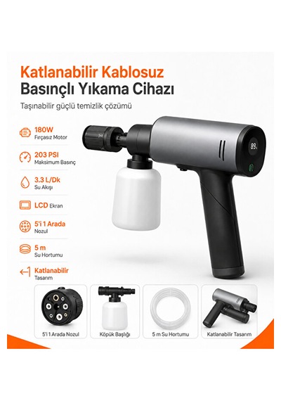 Katlanabilir Kablosuz Basınçlı Araç Yıkama Makinesi 1 Adet