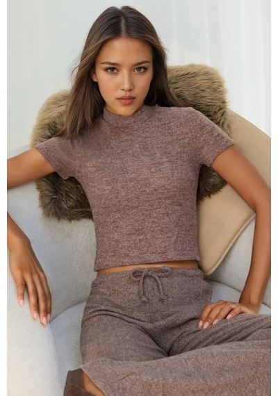 Hiccup Slim Fit Triko Crop Bluz Kestane Kahvesi