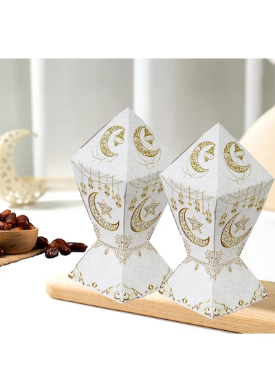 6lı Ramazan Şeker Hediye Kutusu, Beyaz&altın Ay, Yıldız, Fener Tasarımlı Şekerleme Kutusu, 7x7x12cm