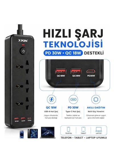 Bychie Xkin 2500w Akım Korumalı Priz 6 Lı Usb-c Pd 30w 0.1 M