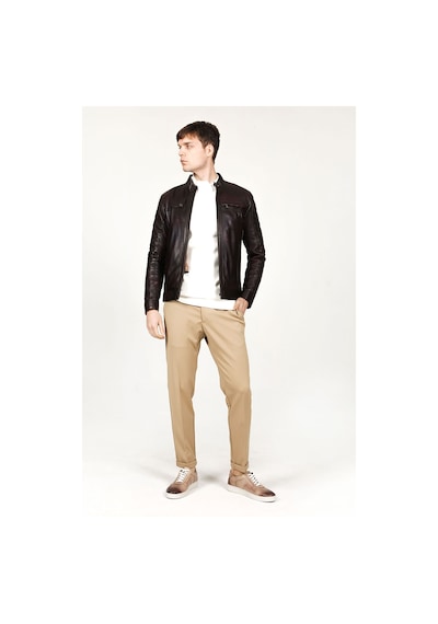 Dericlub Arthur Erkek Dik Yaka Slim Fit Gerçek Deri Mont Kestane Kestane