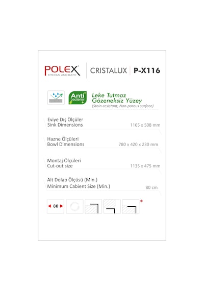 Polex Cristalüx Granit Evye P-X116 Beyaz 2 Hazneli Tezgah Altı Ve Tezgah Üstü Mutfak Evyesi 116.5x50.8 CM